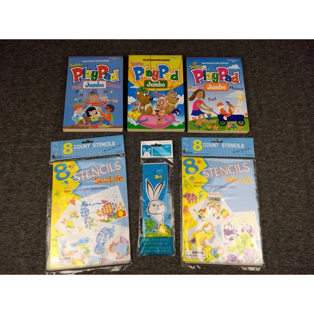 Super Playpad Jumbo Activity Games Books Lot + Stencils, Sticker Notepad Eraser